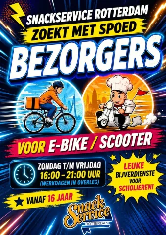 Poster: Snackservice Rotterdam zoekt met spoed bezorgers voor e-bike of scooter, zondag tot en met vrijdag van 16:00 tot 21:00 uur, werkdagen in overleg, vanaf 16 jaar. Leuke bijverdienste voor scholieren.